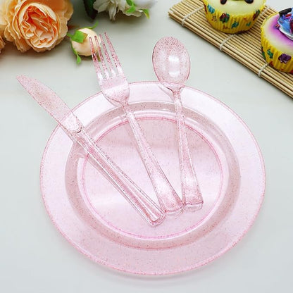 150 Pack Pink Glitter Plastic Silverware Disposable, Baby Shower Cutlery, 50 Pink Forks, 50 Rose Gold Spoons, 50 Rose Gold Knives for Brithday, Wedding, Baby Shower