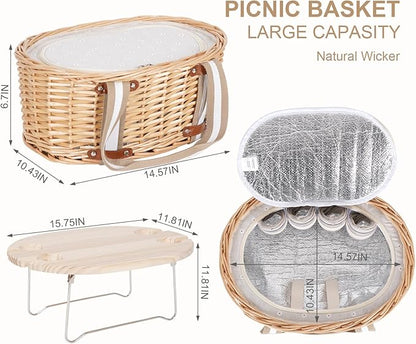 Picnic Basket Set for 4 - Wicker Insulated Picnic Basket with Folding Wine Table, Wine Picnic Kit with Liner for Couples, Camping, Outdoor, Valentine (WhiteFlower)