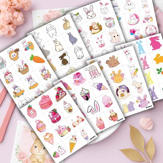 8 Sheets (96PCS) Bunny Pre-Cut Temporary Tattoos for Kids – Cute Bunny Birthday Party Favors Supplies Decorations, Easter Egg Carrot Tattoo Stickers for Boys and Girls, Classroom Rewards and Prizes