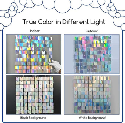 COKAOBE Iridescent Silver Shimmer Wall Backdrop, 24 Panels Square Sequin Shimmer Backdrop, Photo Backdrops for Birthday, Anniversary, Wedding, Graduation & Bachelorette Party Decoration