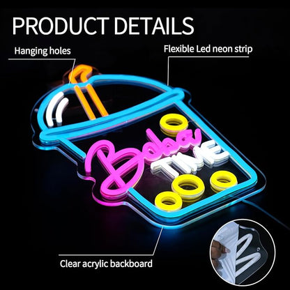 Boba Time Neon Sign for Wall Decor Dimmable Boba Tea Led Light Signs Bubble Tea Neon Light for Cafe Bar Kitchen Restaurant Coffee Dessert Shop Living Room Decoration Gift for Girls