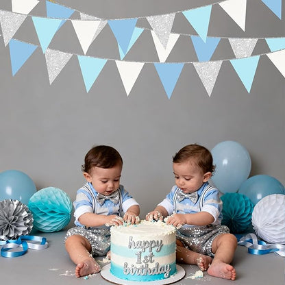 Dusty Blue Silver White Party Decorations Pennant Banner Flag Hanging Glitter Triangle Bunting for Birthday Baby Shower Graduation Bridal Shower Wedding Engagement Nautical Ahoy Achor Party Supplies