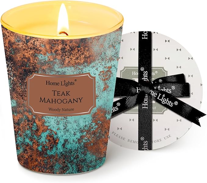 HomeLights Large jar Candle | 1-Wick Long-Lasting Scented Candles, 6.7oz Natural Soy Wax Candle for Home Scented, Industrial Chic Gifts for Women & Men, Teak Mahogany