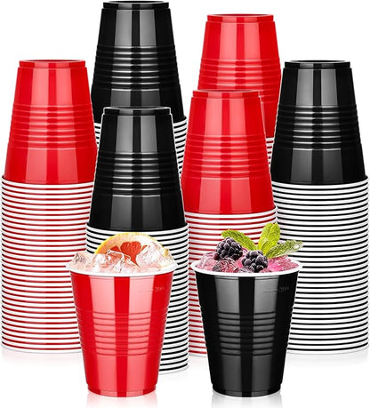 KesaPlan 100 PCS 12 OZ Plastic Cups, Happy New Year Party Cups Black and Red Cups Disposable Drinking Cup Bulk For Christmas Graduation Wedding Birthday Halloween Family Gathering Festive Celebrations