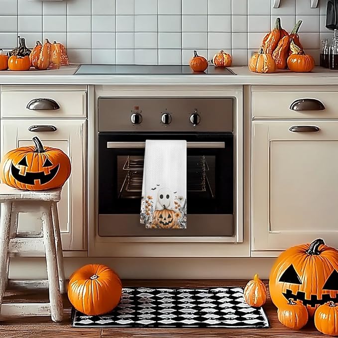 Halloween Ghost Pumpkin Kitchen Towels, Fall Floral Halloween Dish Tea Towels for Kitchen Decor, Rustic Autumn Wildflower Botanical Decorative Hand Towel for Bathroom, 16x24 Inches