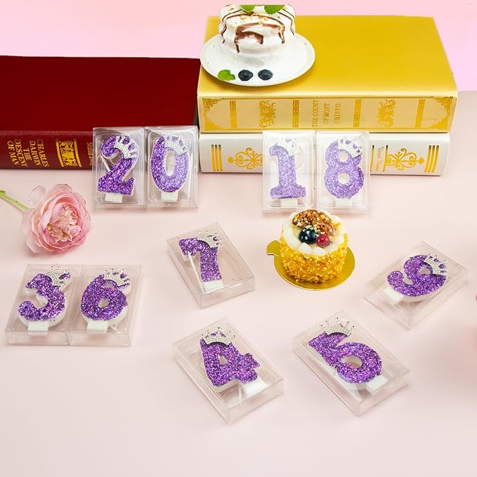 Birthday Number Candles,Purple Crown Birthday Candles for Cake,Glitter Number 3 Candle Cake Topper with Sequins for Anniversary Celebrations Supplies (Number 3)