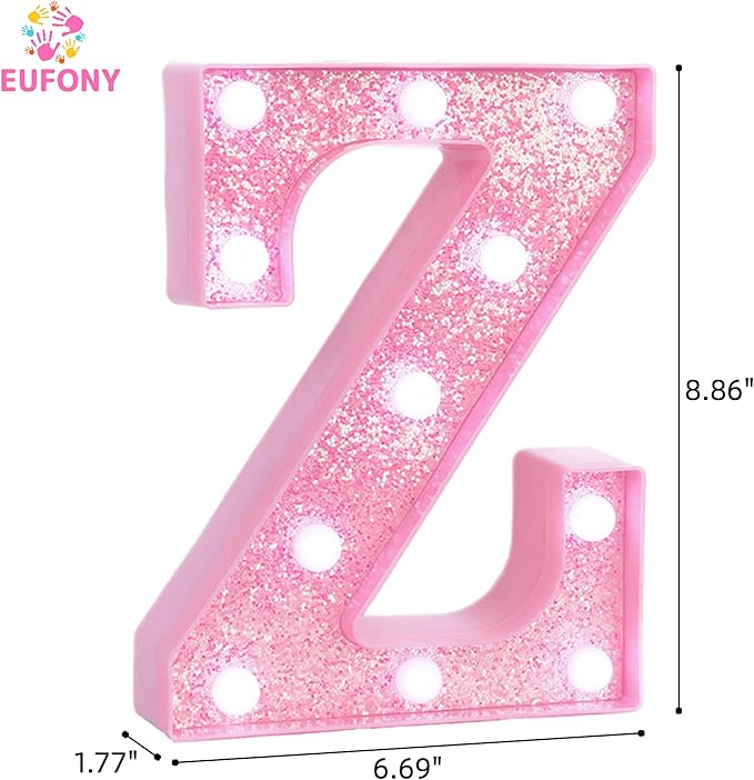 Pink LED Marquee Light Up Letters, Glitter Alphabet Letter Lights for Birthday Party Decorations, Battery Operated Letter Signs for Girls Room Table Decor, Pink letter Z with Cool White Lights