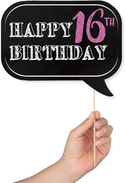 Sweet 16 Photo Booth Props - 41-pc Selfie Props with 8 x 10-Inch Sign, 60 Adhesive Pads, 45 Sticks - Sweet 16 Accessories - Photo Booth for Sweet 16-16th Birthday Photo Booth Props