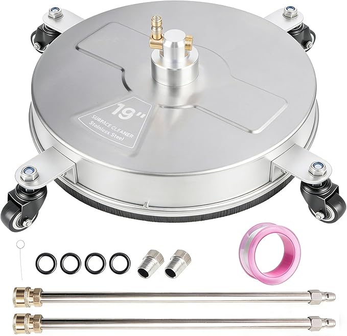 Hourleey 19" Pressure Washer Surface Cleaner, Stainless Steel Surface Cleaner with 4 Wheels for Concrete, Patio, Sidewalk, Deck, Pathway 1/4" Quick Connector, 2 Extension Wand, 4000 PSI