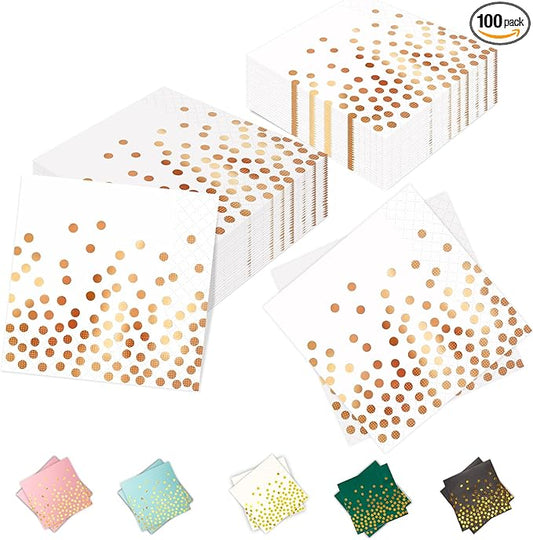 100 Pcs Unfold Size 13x13 Inch Disposable White Rose Gold Dot Paper Napkins
