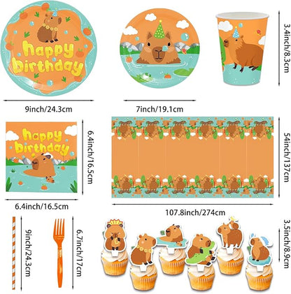 162PCS Capybara Birthday Party Decorations, Capybara Party Supplies Disposable Plates and Napkins Set, Tableware,Banner, Hanging Swirls, Tablecloth, Cake Cupcake Topper, Baby Shower