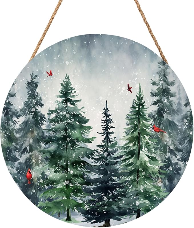 Winter Welcome Sign for Front Door Decor Winter Pine Trees Cardinal Wood Door Hanger for Outdoor Outside Porch Christmas Snowflakes Hanging Sign Xmas Holiday Wreath for Home Porch Wall 12”x12”