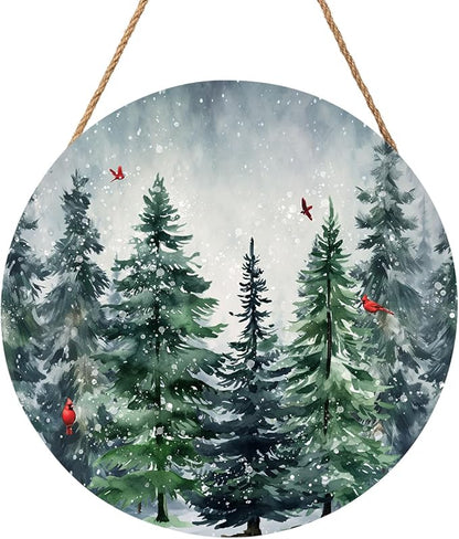 Winter Welcome Sign for Front Door Decor Winter Pine Trees Cardinal Wood Door Hanger for Outdoor Outside Porch Christmas Snowflakes Hanging Sign Xmas Holiday Wreath for Home Porch Wall 12”x12”