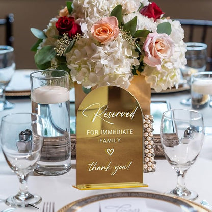 Acrylic Wedding Sign, Bridal Shower Decorations, Reserved for Immediate Family Sign for Ceremony, Modern Font Table Signs, Gold Mirror Arched Acrylic Tabletop Signs for Wedding Reception