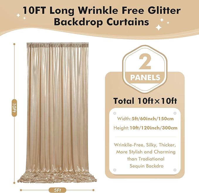 10ftx10ft Champagne Gold Sequin Backdrop Curtain for Wedding Parties, 2 Panels 5x10ft Thick Wrinkle Free Shimmer Glitter Photo Backdrop Drapes Curtains for Birthday Photography Background Cloth
