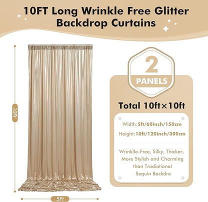 10ftx10ft Champagne Gold Sequin Backdrop Curtain for Wedding Parties, 2 Panels 5x10ft Thick Wrinkle Free Shimmer Glitter Photo Backdrop Drapes Curtains for Birthday Photography Background Cloth