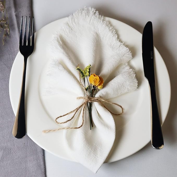 Handmade Cloth Napkins with Fringe,18 x 18 Inches Cotton Linen Napkins Set of 4 Versatile Handmade Square Rustic Fringe Napkins for Dinner, Wedding and Parties, White