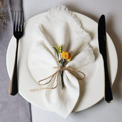 Handmade Cloth Napkins with Fringe,18 x 18 Inches Cotton Linen Napkins Set of 4 Versatile Handmade Square Rustic Fringe Napkins for Dinner, Wedding and Parties, White