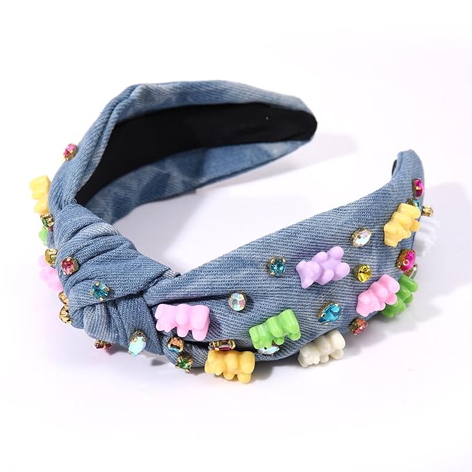 Knotted Jeweled Embellished Top Knot Hairband Statement Wide Turban Hair Hoop for Women - Funny Gifts for Girls, Sister, Birthday, Holiday Party (Crystal Denim Blue)