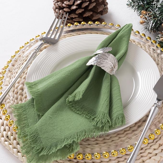 12 Pack Sage Green Cotton Linen Napkins with Fringe Christmas Cloth Napkins Set of 12 Boho Handmade Holiday Napkins Bulk for Wedding Baby Shower Xmas Dinner Table Parties, 17 x 17 Inches
