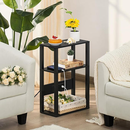 3-Tier Small Narrow Wood Side Table with Charging Station, Skinny Nightstand for Small Space, Slim Bedside Table with Storage for Couch, Thin End Table with USB Ports and Outlets, Black