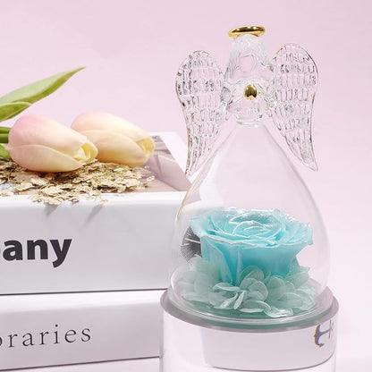 Miofula Preserved Flower Rose Birthday Gifts for Mom, Angels Figurines with Forever Real Rose Gifts for Women Mom Grandma, Angels Gifts for Valentines Anniversary Mothers Day(Pearlescent Sky Blue)
