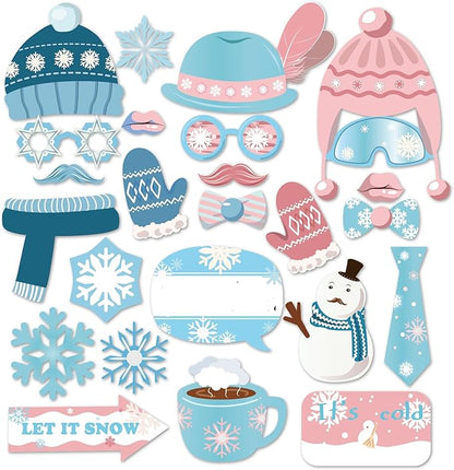 Snowman Photo Booth Props,Winter Wonderland Snow Photo Booth Props,Snow Booth Props(25CT),Snowflake Party Decoration with Stick