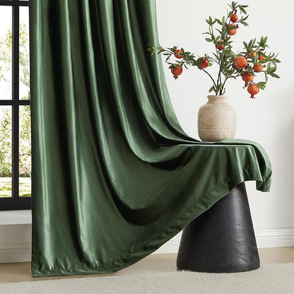 PRIMROSE Emerald Olive Green Velvet Curtains 108 inch Long for Living Room,Set of 2 Panels Blackout Rod Pocket Back Tab Window Treatment Room Darkening Heavy Decorative Curtains Drapes for Bedroom