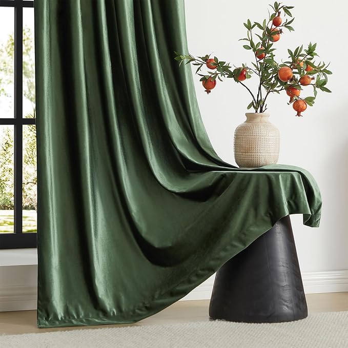 PRIMROSE Emerald Olive Green Velvet Curtains 90 inch Long for Living Room,Set of 2 Panels Blackout Rod Pocket Back Tab Window Treatment Room Darkening Heavy Decorative Curtains Drapes for Bedroom