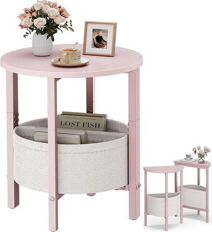Vagusicc Small Round Side Table, Accent End Table with Storage Basket, Set of 2 Half Round Coffee Table End Table, Half Moon Bedside Table, Modern Nightstand Couch Table for Living Room Bedroom, Pink