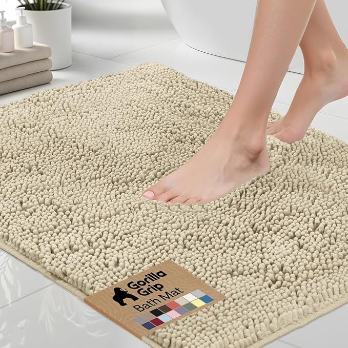 GORILLA GRIP Bath Rug Mat 30x20, Thick Soft Absorbent Chenille, Quick Dry Microfiber Mats, Rubber Backing Washable Shower Floor Rugs, US Designed Bathroom Bathmat Home Decor Accessories, Sand