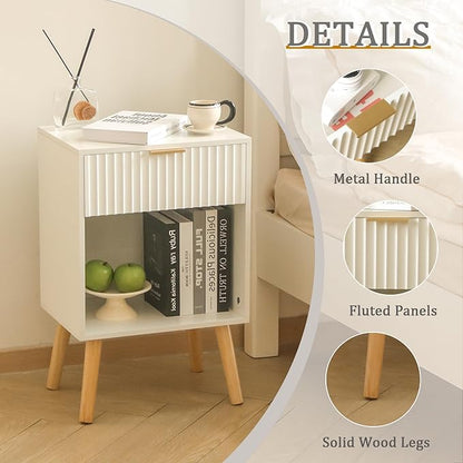 White Nightstand with Charging Station, Mid Century Modern Bedside Table with Drawers and Outlet,Side Tables Living Room, Wooden Night Stand for Bedroom, Office (White)