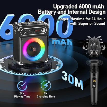Karaoke Machine with 2 Wireless Microphones,【Upgraded 6.5"Woofer & 2"Tweeter】Portable Bluetooth 5.3 Karaoke Speaker, PA System with Bass/Treble/Echo Adjustment, Supports USB/AUX/TF/TWS for Home Party