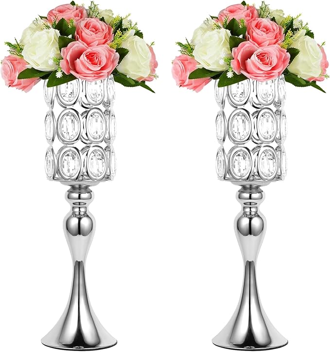 18" Tall Diamond Crystal Wedding Centerpiece Vases for Tables Set of 2, Silver Metal Flower Holders Centerpiece Flower Stands for Wedding Party Reception Home Décor(Silver)