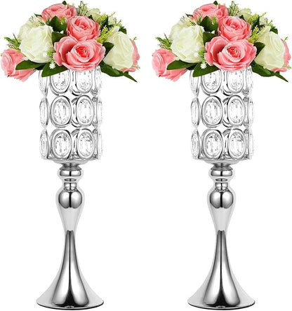 18" Tall Diamond Crystal Wedding Centerpiece Vases for Tables Set of 2, Silver Metal Flower Holders Centerpiece Flower Stands for Wedding Party Reception Home Décor(Silver)