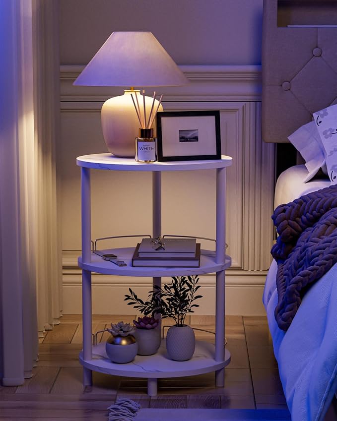 Small Nesting Coffee Table - 3-Tier Oval Accent Table for Small Spaces, Rustic Wood and Metal Couch End Table, Nightstand for Bedroom or End Table Living Room, Easy to Assemble, Marble White