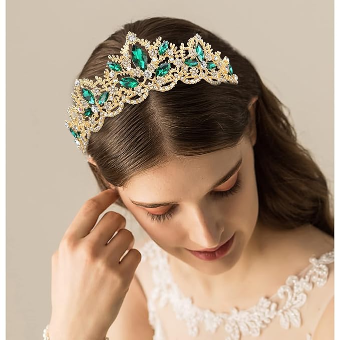 Green Tiara for Women Gold Crown for Girls Wedding Princess Birthday Crystal Rhinestones Headbands for Prom Bridal Party Halloween Costume Christmas Gift