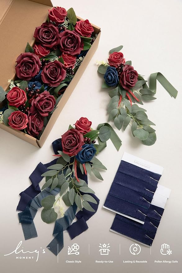 Ling's moment 8pcs Wedding Artificial Aisle Pew Flowers Chair Decorations Arrangements with Chiffon Ribbons Burgundy Navy Blue for Ceremony Chair Back Floral Decor Reception Church Party Outdoor