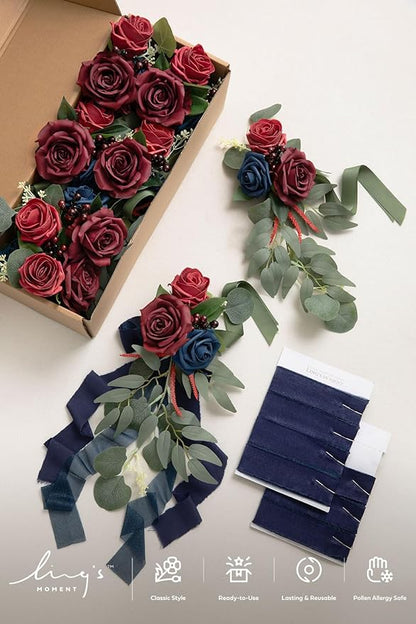 Ling's moment 8pcs Wedding Artificial Aisle Pew Flowers Chair Decorations Arrangements with Chiffon Ribbons Burgundy Navy Blue for Ceremony Chair Back Floral Decor Reception Church Party Outdoor