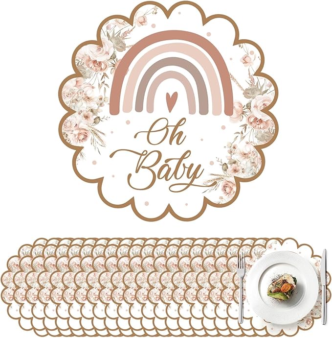100 Pcs Boho Rainbow Baby Shower Decorations 13.5" Scalloped Boho Rainbow Paper Placemats Disposable Boho Table Place Mats for Pink Birthday Party Supplies Kitchen Table Decor