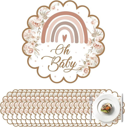 100 Pcs Boho Rainbow Baby Shower Decorations 13.5" Scalloped Boho Rainbow Paper Placemats Disposable Boho Table Place Mats for Pink Birthday Party Supplies Kitchen Table Decor