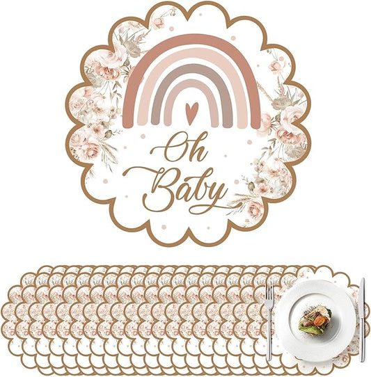 100 Pcs Boho Rainbow Baby Shower Decorations 13.5" Scalloped Boho Rainbow Paper Placemats Disposable Boho Table Place Mats for Pink Birthday Party Supplies Kitchen Table Decor