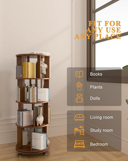 4-Tier Solid Wood Rotating Bookshelf on Wheels, 360° Spinning Book Shelf Tower, Round Revolving Bookcase Organizer, Rolling Bookshelves for Small Spaces, Corner, Bedroom, Kids Room, Office, Walnut