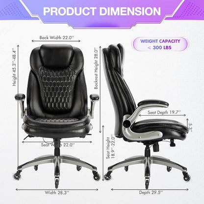 COLAMY Executive Office Chair, Bonded Leather Desk Chair with Flip-Up Arms, Lumbar Support, Ergonomic Tilt & Tension Control for Home Office