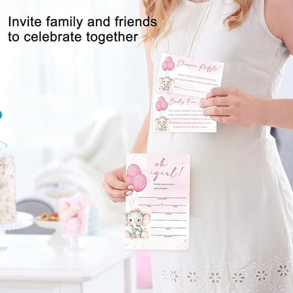 Pink Elephant Baby Shower Invitations for Girl, Girl Baby Shower Invites with Envelopes, Set of 25 Gender Reveal Invites Cards with Envelopes & Book Request Cards & Diaper Raffle Tickets -09