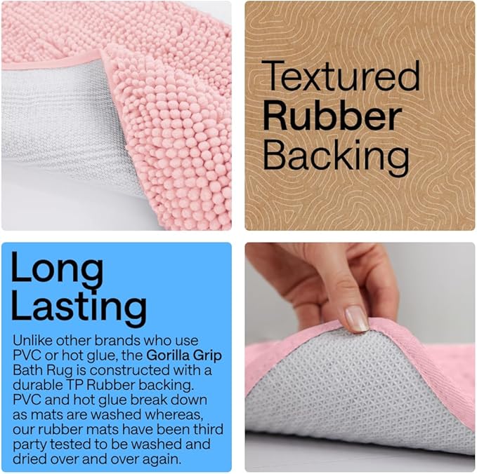 GORILLA GRIP Bath Rug Mat 44x26, Soft Absorbent Chenille, Quick Dry Microfiber Mats, Rubber Backing Washable Shower Floor Rugs, Bathmat Runner, US Designed Bathroom Home Decor Accessories Light Pink