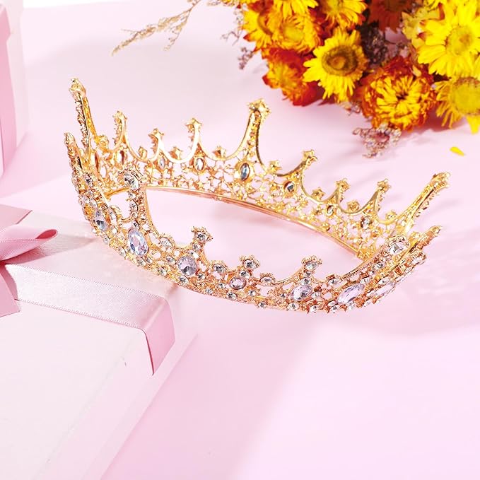 Grevosea Gold Queen Crown for Women, Rhinestone Birthday Crown Princess Tiara Wedding Headband for Bride Hair Accessories