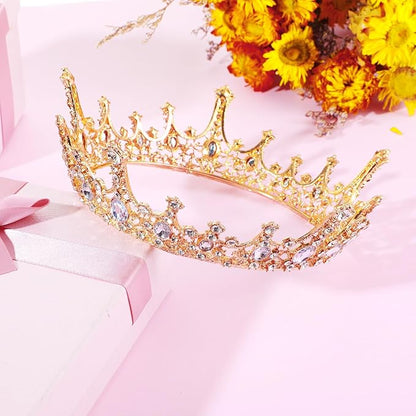 Grevosea Gold Queen Crown for Women, Rhinestone Birthday Crown Princess Tiara Wedding Headband for Bride Hair Accessories