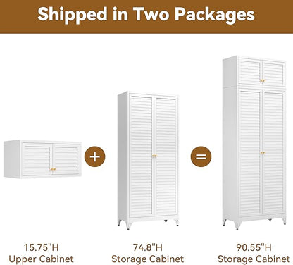 Kitchen Pantry Cabinet, 90" Tall Metal Storage Cabinet, Food Pantry cabinets with Doors and Shelves, Steel Cabinets for Living Room, Dining, White,16" D x 32" W x 90" H, Assembly Required