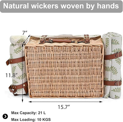 Multifunctional Wicker Picnic Basket Set for 2 with Blanket and Picnic Table, Insulated Picnic Set with Full Tablewares for Camping Outdoor Couples,Leaf